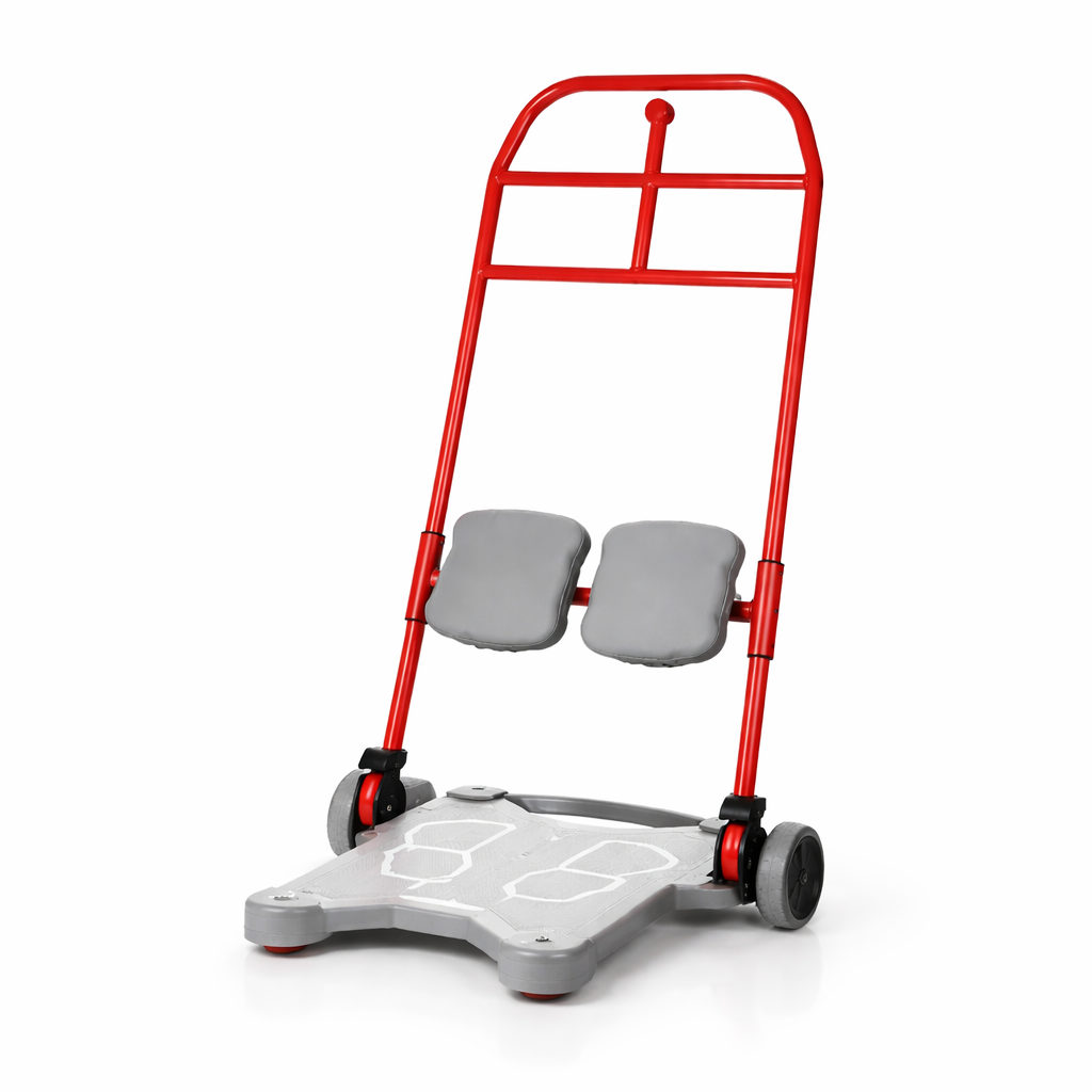 A Red manual sit-to-stand and transfer aid with a gray seat on a white background