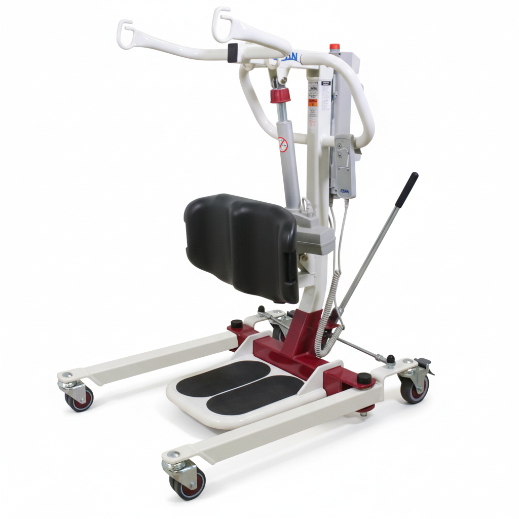 Sit to stand Power Lift Medical device with a white frame and red base on a white background
