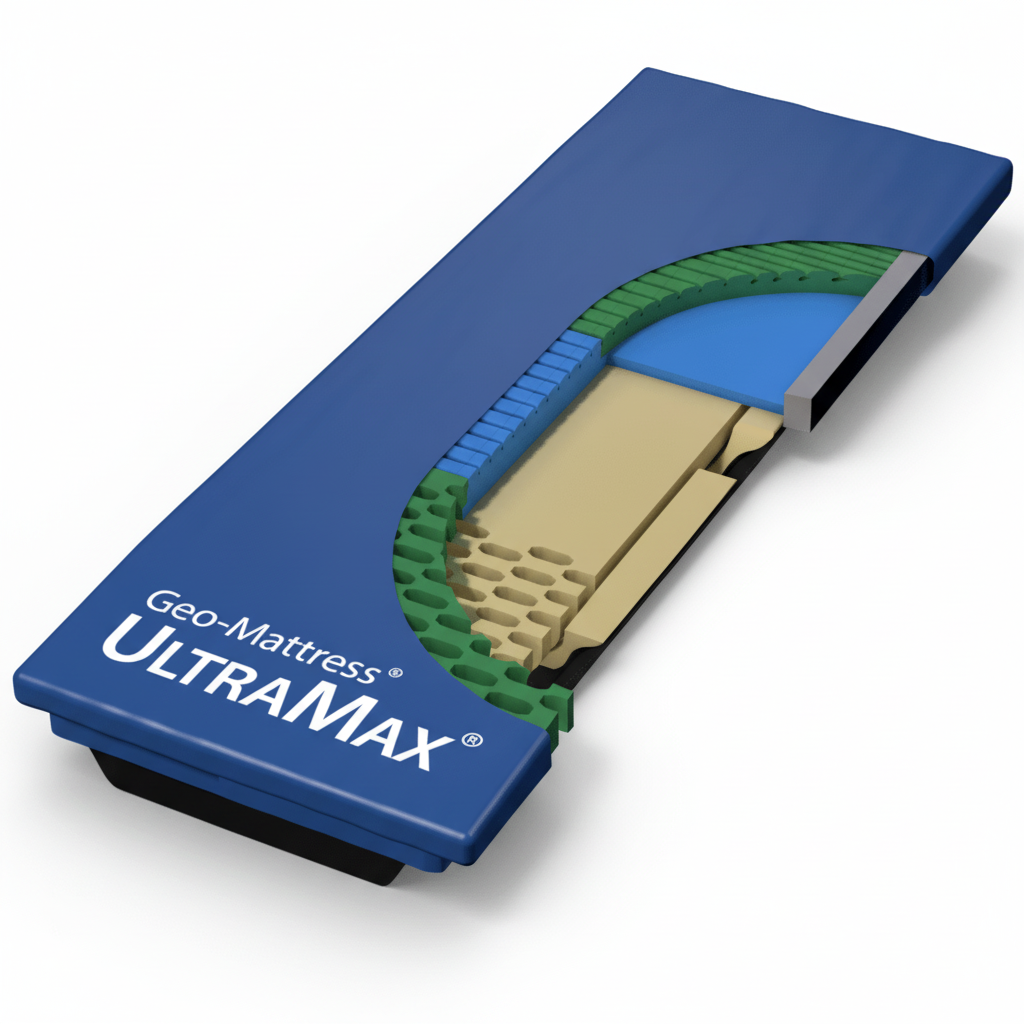 Geometric representation of a mattress with 'Geo-Mattress ULTRAMAX' branding on a white background