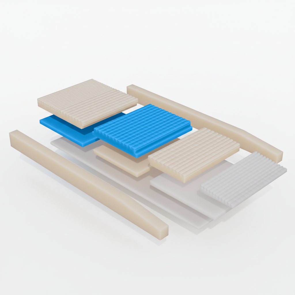 Stack of foam pads for a complete mattress with different densities on a white background