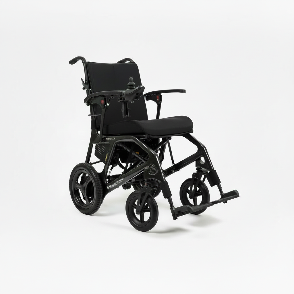 Black electric wheelchair on a white background
