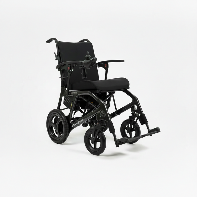Black electric wheelchair on a white background