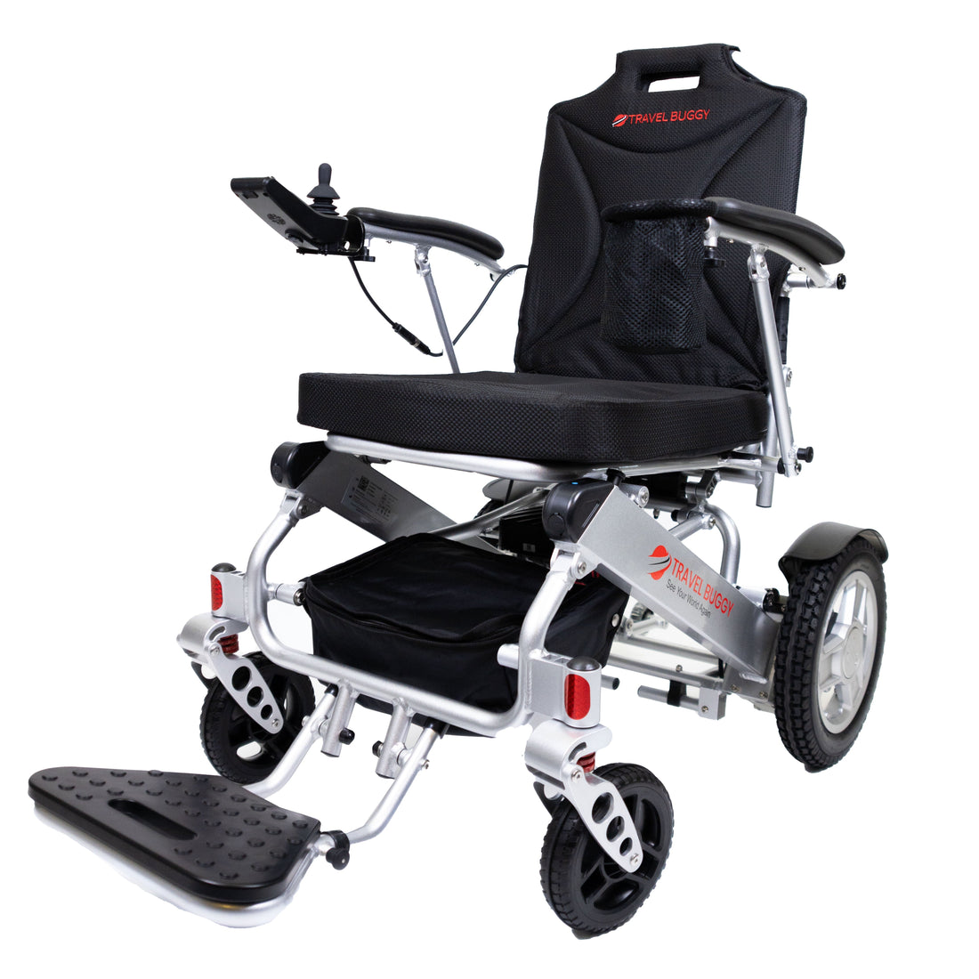 Black and silver power wheelchair on a white background