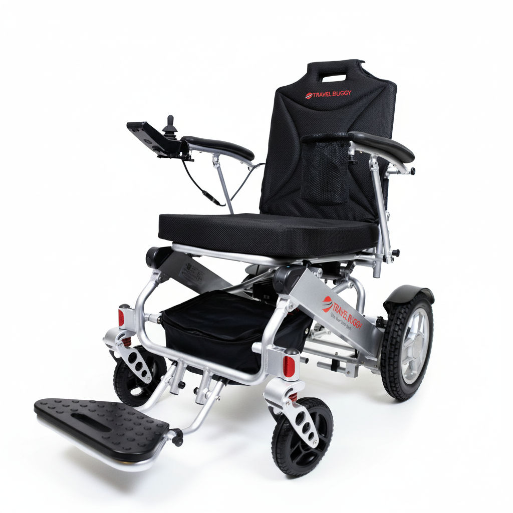 Black and silver electric wheelchair on a white background
