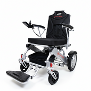 Black and silver electric wheelchair on a white background