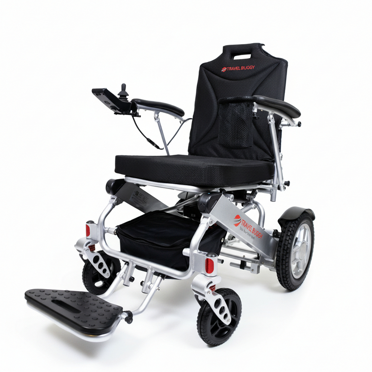 Black and silver electric wheelchair on a white background