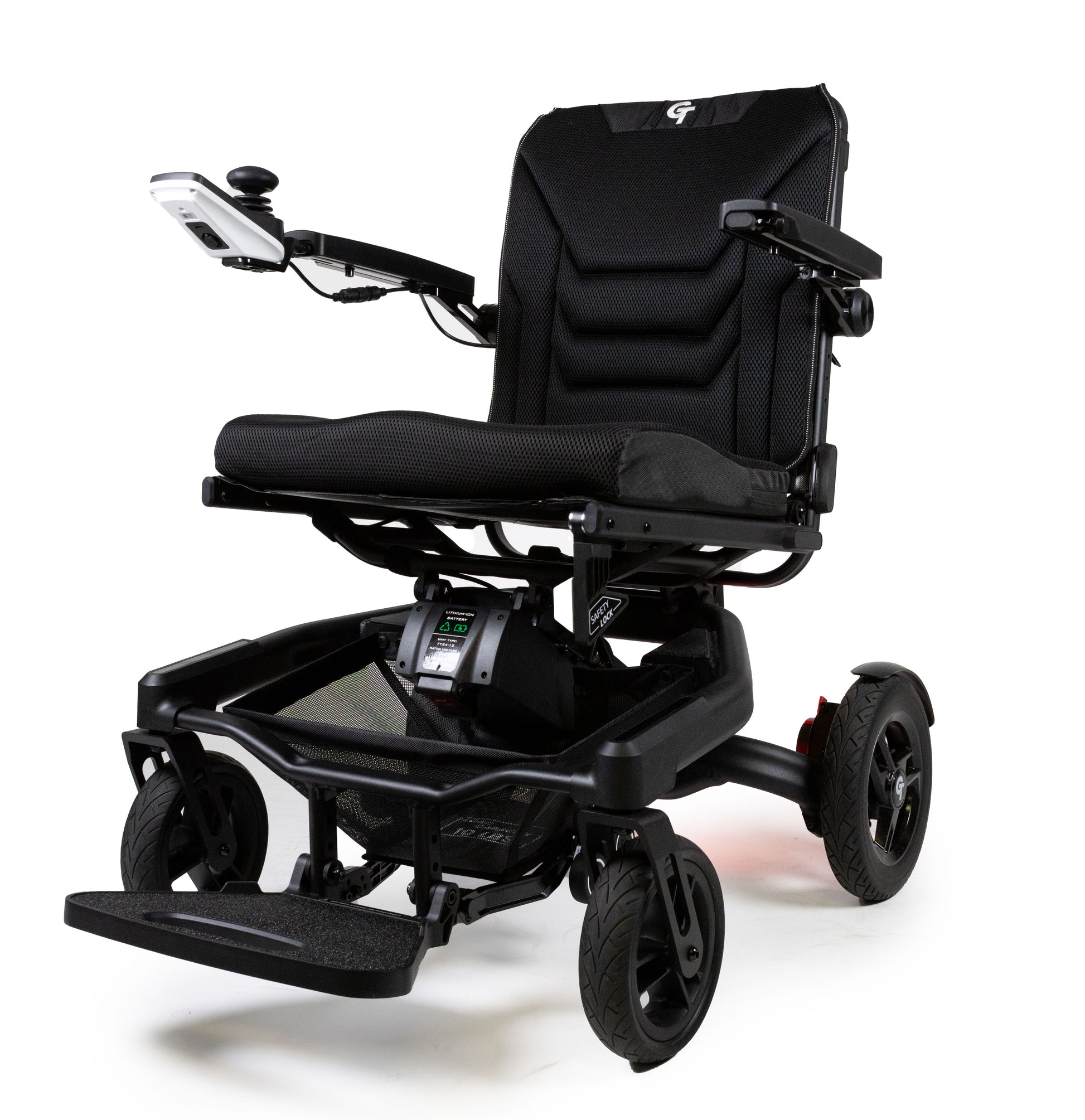 Black electric wheelchair on a white background